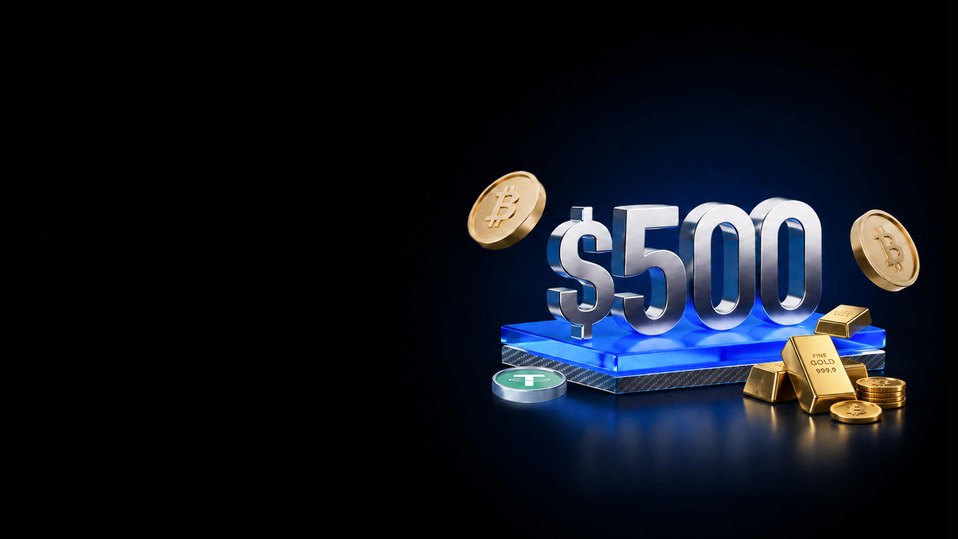 蓝色光效与 500 美元奖励组成的黄金活动主视觉